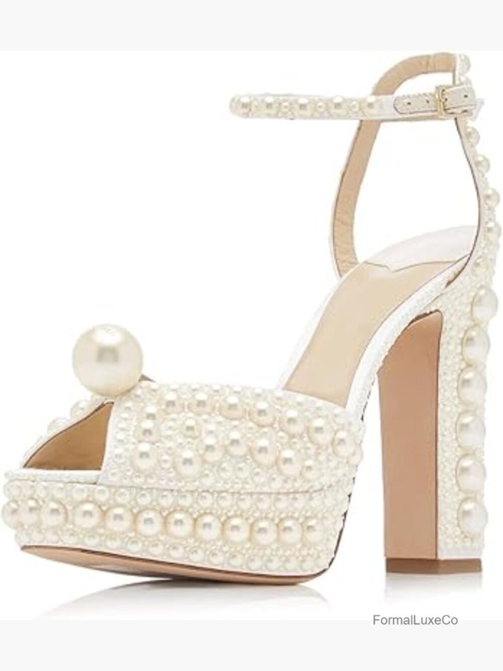 Pearl Platform Chunky Heels Wedding Sandals Open Toe Ankle Strap